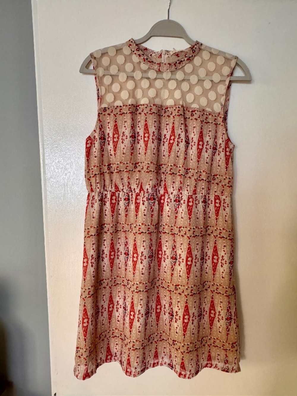 Tulle Dress size largePrinted Shift Sheer Polka Dot Yoke Beige Red